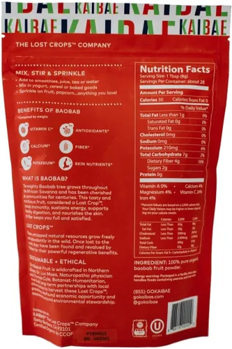 Miniatura 4 de KAIBAE Baobab en polvo orgánico prémium Superalimento de fibra prebiótica para la salud intestinal y metabólica Vitamina C + polifenoles Sin
