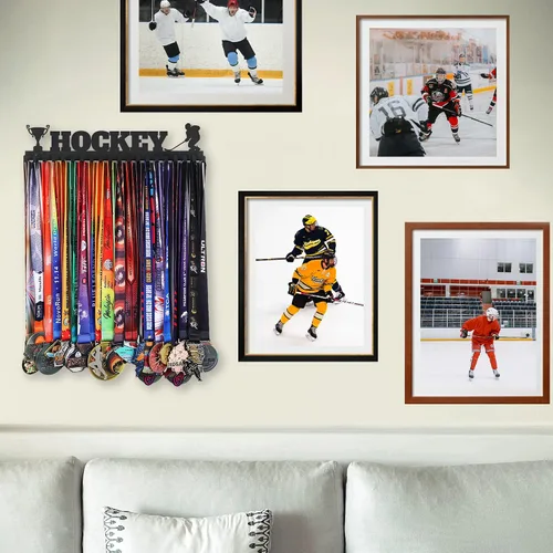 Miniatura 6 de Goutoports Soporte de exhibición de medallas de hockey para carreras deportivas, metal de acero negro resistente con más de 60 medallas, fácil