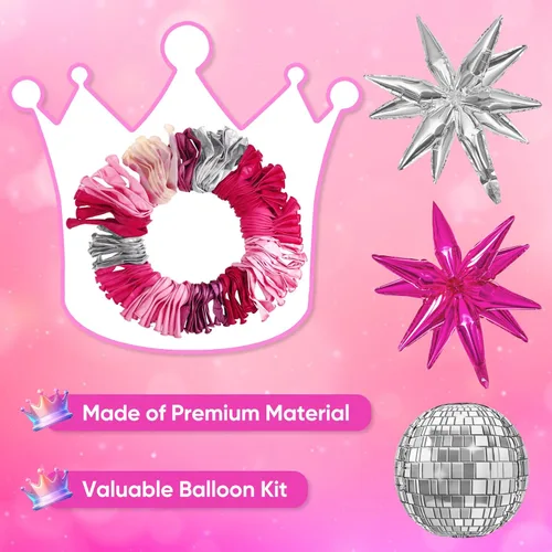 Miniatura 3 de Kit de arco de guirnalda de globos de princesa rosa y plateado, 143 unidades, confeti rosa intenso, estrella 4D, bola de discoteca, globos de corona
