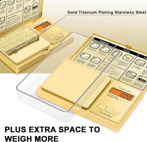 Miniatura 3 de Fuzion - Báscula digital de bolsillo en gramos con precisión de 0,01 gramos, chapado en oro y titanio, báscula digital de 200 g, báscula pequeña