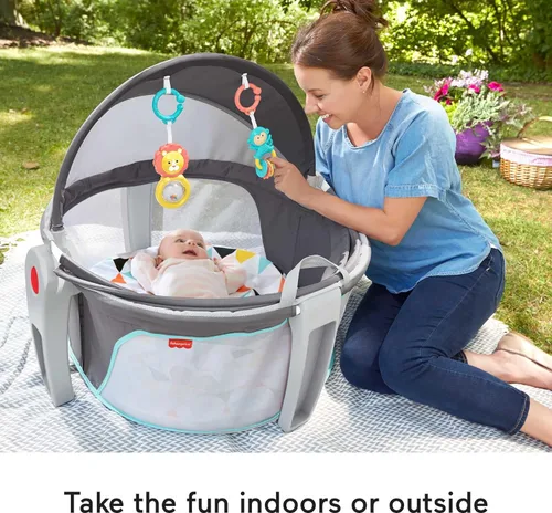 Miniatura 3 de Fisher-Price Moisés Portátil On-The-Go Baby Dome, Espacio de Juego de Viaje con Juguetes de Desarrollo para Recién Nacidos y Toldo, Windmill