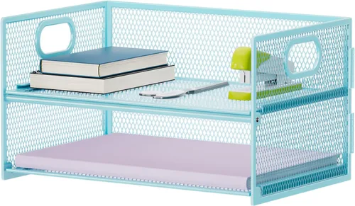 Miniatura 15 de Marbrasse Bandeja organizadora de papel de 2 niveles, organizador de archivos de malla con asa, organizador de escritorio clasificador de papel