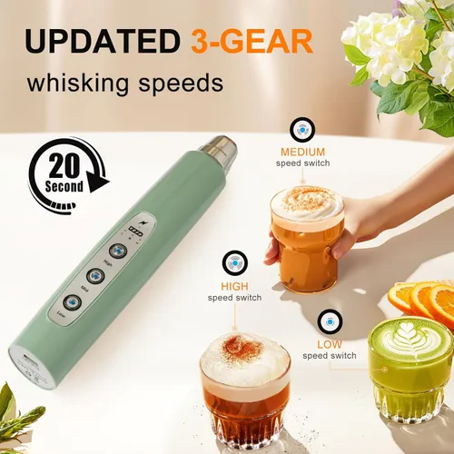 Miniatura 2 de YUSWKO - Espumador de leche recargable de mano con 3 cabezas, mezclador de bebidas con 3 velocidades ajustables para latte, cappuccino, chocolate