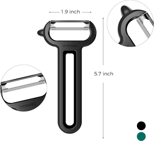 Miniatura 6 de Linoroso Pelador de frutas dentadas de acero inoxidable negro, pelador clásico de verduras, hoja giratoria japonesa, mango cómodo, apto