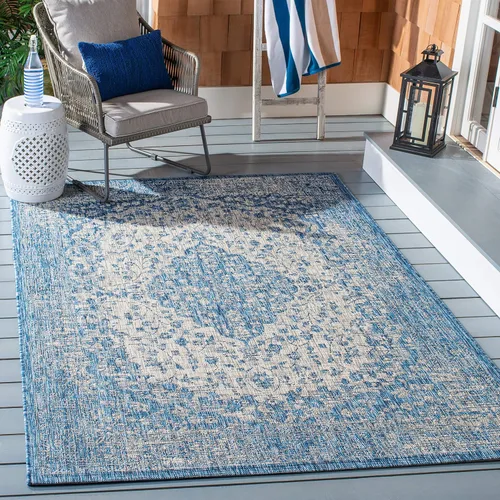 Miniatura 10 de SAFAVIEH Alfombra lavable para exteriores, colección Courtyard de 2.3 x 6.7 pies, color verde azulado y crema, no desprende pelusa y es fácil