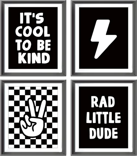 Cartel de mano retro a cuadros negros y blancos preppy relámpago de la paz para decoración de habitación de niños, decoración divertida de Rad