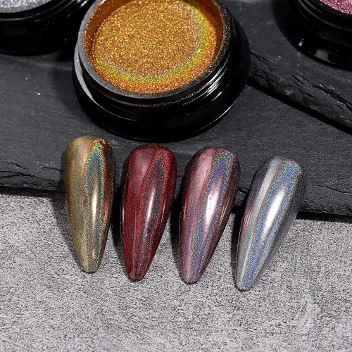 Miniatura 8 de Juego de polvos de uñas cromados de 16 colores, efecto espejo metálico holográfico Aurora Chameleon, pigmento con purpurina para esmalte de gel