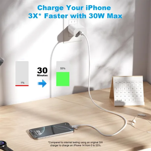 Miniatura 5 de Cargador de iPhone 17/16/15/14/13/12 de 30W Bloque de Carga Rápida con Cable Largo de 6 Pies de C a Tipo C y Lightning. Carga Rápida para Todos
