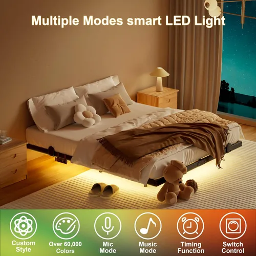 Miniatura 3 de LUKIROYAL Marco de cama flotante con luces LED inteligentes y estación de carga, marco de cama flotante de tamaño completo de 7 pulgadas con luces