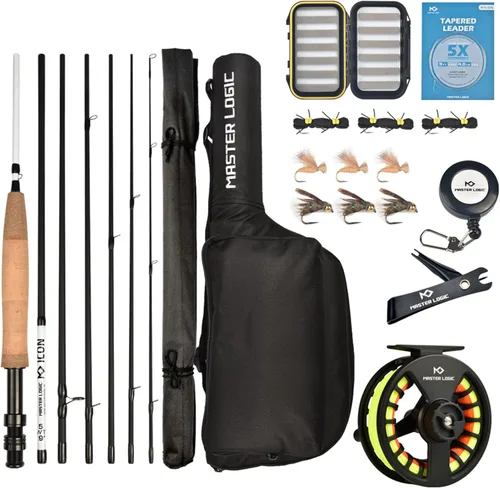Miniatura 11 de Kit de inicio de combo de caña y carrete de pesca con mosca MASTER LOGIC, caña de pesca con mosca de grafito con mango de corcho, carrete