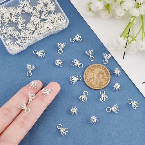 Miniatura 3 de SUPERFINDINGS Tapas de cuentas huecas de flores de latón, tapa de cuentas de latón con dije de filigrana, cuentas espaciadoras para aretes, plateado