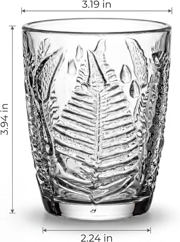Miniatura 7 de Juego de 4 vasos vintage de vidrio transparente prensado a mano de 10 onzas, cristalería retro en relieve de helecho, vasos texturizados para agua