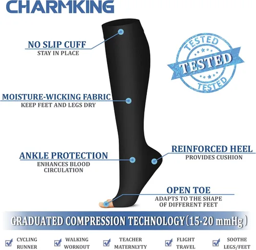 Miniatura 4 de CHARMKING 3 pares de calcetines de compresión de punta abierta para mujeres y hombres, circulación de 15-20 mmHg es el mejor apoyo para uso durante