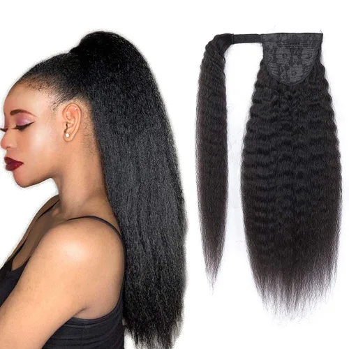 Miniatura 8 de Extensión de cola de caballo con cordón, cabello humano afro rizado para mujeres negras, extensiones de cabello virgen brasileño Remy Yaki