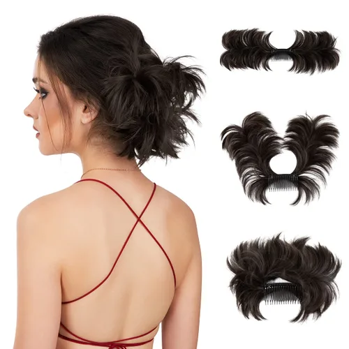 Miniatura 23 de Postizo de Cabello de Moño Despeinado con Peine Lateral Clip en Postizo de Moño para Mujeres Corto Natural Liso Versátil Estilos Ajustables Piezas