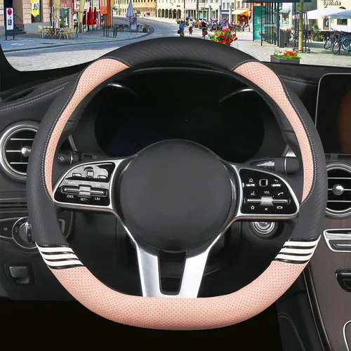 Miniatura 22 de Funda para volante de 14 pulgadas, linda, en forma de D, para mujeres y hombres, de cuero sintético y fibra de carbono, negra