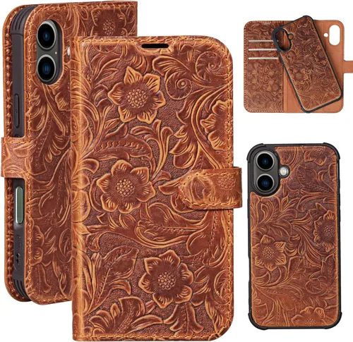 Miniatura 50 de Funda de cuero compatible con iPhone 16 Pro Max Cartera 6.9", cuero genuino 2 en 1, magnética, desmontable, a prueba de golpes, funda tipo folio