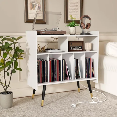 Miniatura 2 de Soporte para tocadiscos blanco: mesa de discos de vinilo de 33 pulgadas con almacenamiento, gabinete estéreo con almacenamiento de álbumes, gabinete
