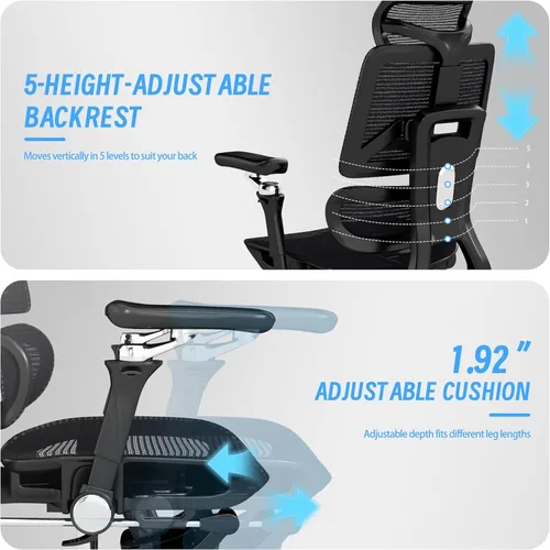 Miniatura 7 de Silla de oficina ergonómica con reposapiés, silla de computadora de malla de respaldo alto con soporte lumbar, altura del respaldo de 5 niveles