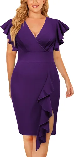Miniatura 3 de Miusol Vestido de tubo vintage con cuello en V para mujer, talla grande, manga con volantes, para negocios, cóctel, fiesta
