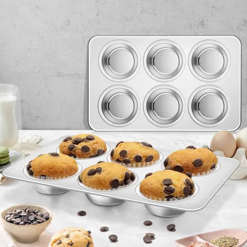 Miniatura 7 de Homikit 1 molde para magdalenas, molde de acero inoxidable para magdalenas con 6 tazas de tamaño regular, de metal grueso, para hornear en el horno