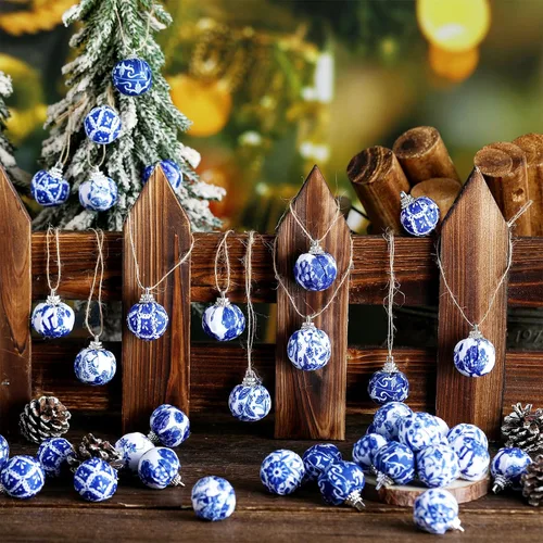 Miniatura 6 de Preboun 48 Piezas Adornos de Bolas Navideñas Chinoiserie Azul y Blanco Decoración de Árbol Chinoiserie Adornos Colgantes para Árbol de Navidad