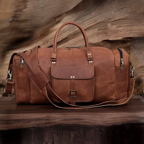 Miniatura 7 de KK's - Bolsa de viaje de cuero vintage, hecha a mano, elegante y duradera, ideal para gimnasio, viajes, bolsa de viaje de cuero genuino, remaches