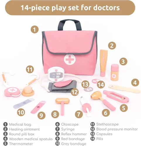 Miniatura 4 de UMU® Mini kit médico de madera para niños – 14 piezas de juego médico para niños pequeños con estetoscopio, jeringa, bolsa de médico, manguito