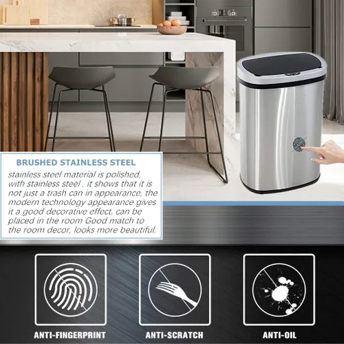 Miniatura 4 de Bote de basura automático de acero inoxidable con tapa, 13 galones y 50 litros, antihuellas, diseño silencioso, para cocina, oficina, dormitorio