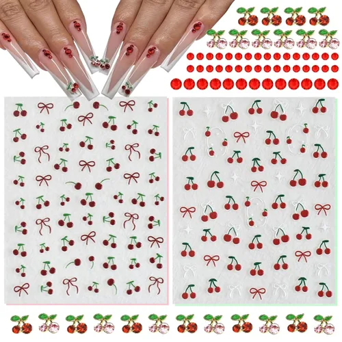 Miniatura 12 de 40 dijes de uñas de cereza 3D con diamantes de imitación para arte de uñas, gemas brillantes con brillantina para uñas, rebanadas de uñas kawaii