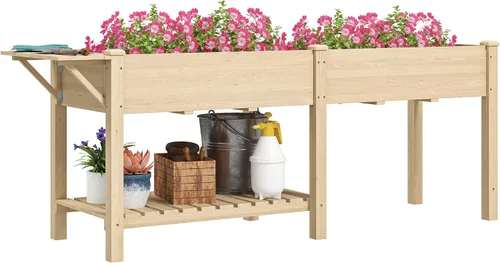 Miniatura 19 de Outsunny - Jardinera elevada de madera con estante de almacenamiento, orificios de drenaje y forro para el patio trasero, la terraza, el balcón, 47