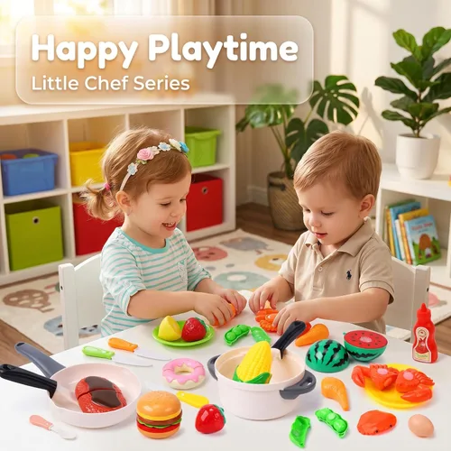 Miniatura 6 de HOLYFUN Juego de juguetes de comida para niños, cesta de la compra con accesorios de corte de frutas y verduras, olla y sartén, platos de plástico