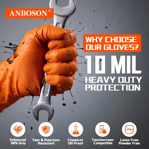 Miniatura 2 de ANBOSON Guantes de nitrilo desechables de 10 mil de goma naranja resistente a los productos químicos, guantes de mecánico resistentes, sin látex