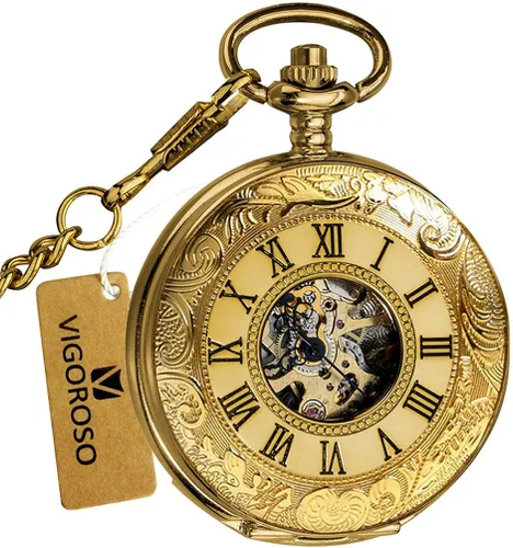 Miniatura 2 de VIGOROSO Reloj de bolsillo para hombre con cadena mitad cazador doble cubierta esqueleto mecánico números romanos dorados en caja