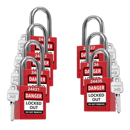 TRADESAFE Juego de cerraduras de bloqueo - 7 cerraduras de loto rojas, cerraduras de bloqueo con llave diferente, 1 llave por cerradura, candados de