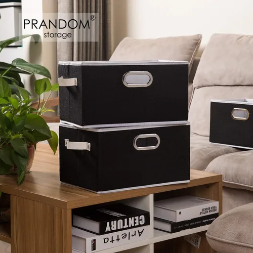 Miniatura 2 de PRANDOM Contenedores de almacenamiento plegables más grandes para clóset [5 unidades] cestas decorativas de tela de lino con asas de cuero y metal