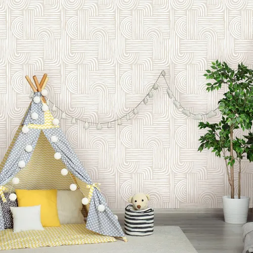 Miniatura 4 de Papel tapiz estético beige para despegar y pegar, mural geométrico autoadhesivo extraíble, líneas bohemias de mediados de siglo