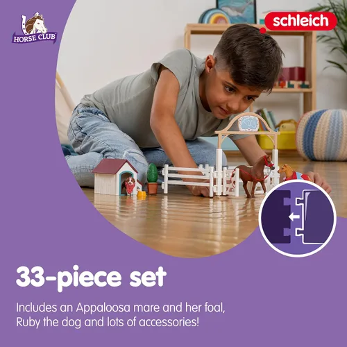 Miniatura 4 de Schleich Horse Club - Juego de caballos de huésped de Hannah, juego de 20 piezas con establo de caballos que incluye yegua, potro, muñeca Hannah