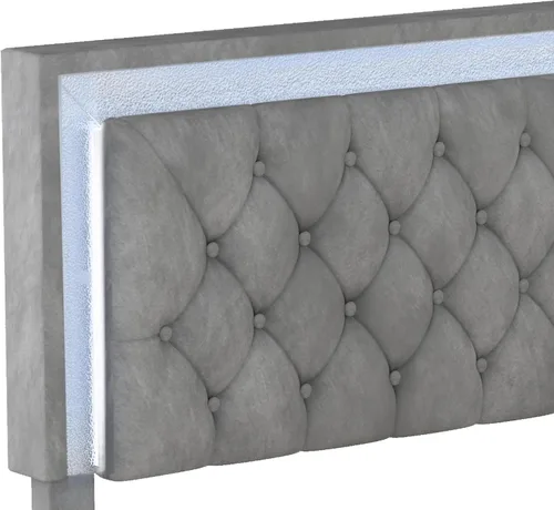 Miniatura 6 de Linique Base de cama tapizada tamaño Queen con luces LED, cama moderna de plataforma de terciopelo de madera con cabecera capitonada con botones