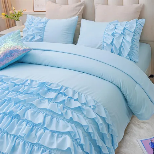 Miniatura 3 de Holawakaka Juego de edredón con volantes en cascada de color azul claro, juego de ropa de cama con volantes estilo shabby chic para niñas, mujeres