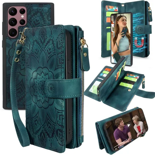 Miniatura 10 de Harryshell Funda de cuero desmontable con cremallera magnética con bolsillo para monedas, 12 ranuras para tarjetas, correa de muñeca para Samsung
