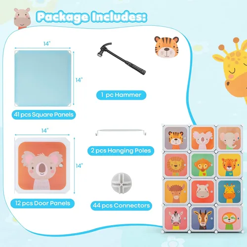 Miniatura 6 de Costzon Armario para Niños, Organizador de Almacenamiento Modular de Tocador de Dibujos Animados DIY con 12 Cubos y 2 Percheros para Colgar Ropa