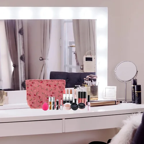 Miniatura 5 de Pazimiik Bolsa de maquillaje grande con cremallera, de pana, para bolso de viaje, organizador de cosméticos para mujeres, almacenamiento de Vintage