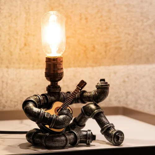 Lámpara de mesa de guitarra musical, lámpara de mesa Steampunk, lámpara de guitarra retro steampunk, lámpara de robot de tubo de metal industrial,