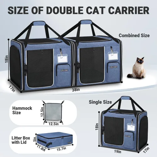 Miniatura 2 de Petskd Transportador de viaje doble para gatos 2 en 1 con caja de arena, 38 x 17 x 18 pulgadas, transportador portátil doble extra grande
