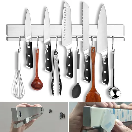 Miniatura 13 de YIIYIIN Soporte magnético para cuchillos de 18 pulgadas para montaje en pared, tiras magnéticas para cuchillos con 12 ganchos, acero inoxidable 304
