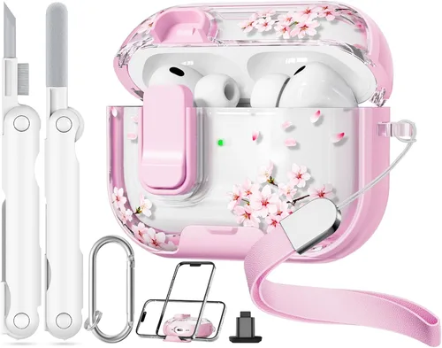 Miniatura 14 de con bloqueo de seguridad para funda de AirPods Pro 2ª 1ª generación, funda transparente floral linda para AirPods Pro 2 con soporte para teléfono