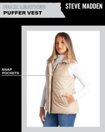 Miniatura 5 de Steve Madden Chaleco para mujer Chaleco de invierno acolchado de piel sintética para mujer Chaqueta acolchada sin mangas (S-XL)