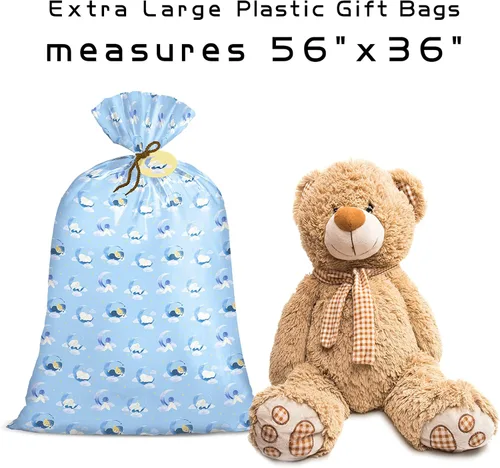 Miniatura 4 de Bolsa de regalo jumbo grande de plástico Loveinside, bolsa de plástico con diseño de oso durmiente azul para niño, con etiqueta y lazo para Oso