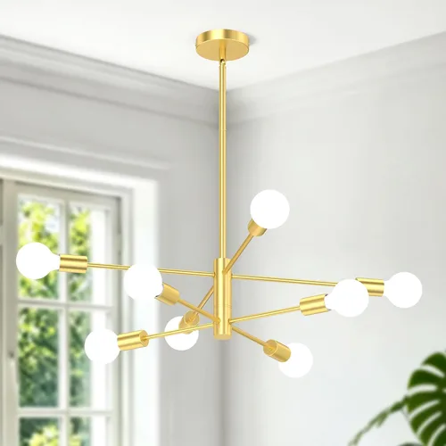 Miniatura 16 de Candelabros Sputnik Modernos para Comedor, Altura Ajustable Semi Empotrado Negro y Dorado Candelabro Lámpara de Techo Montaje 6 Luces Mediados